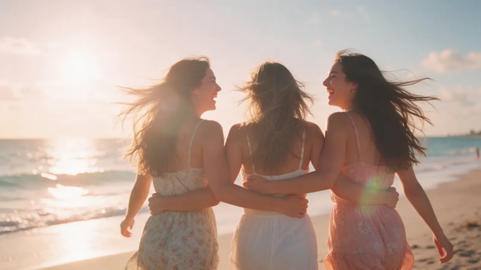 Three friends walking arm in arm on the beach at sunset