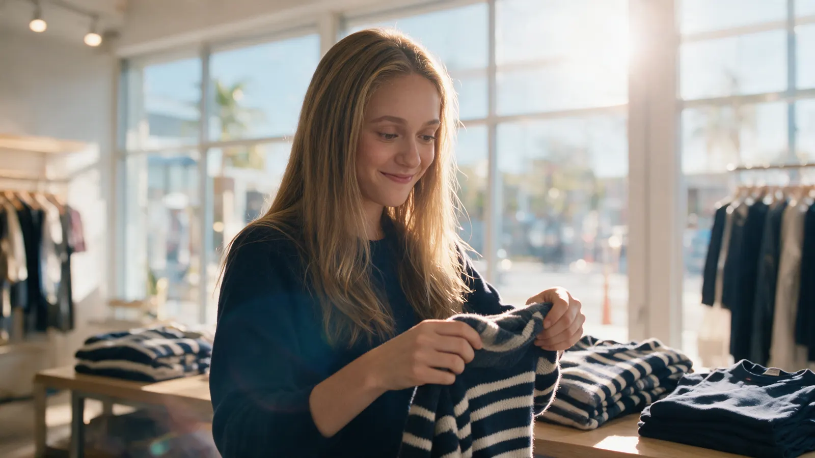 Chiara folding sweaters at work in a bright clothing store