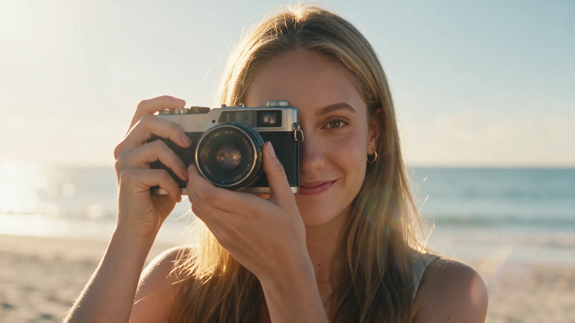 Chiara behind her camera, the lens filling the frame