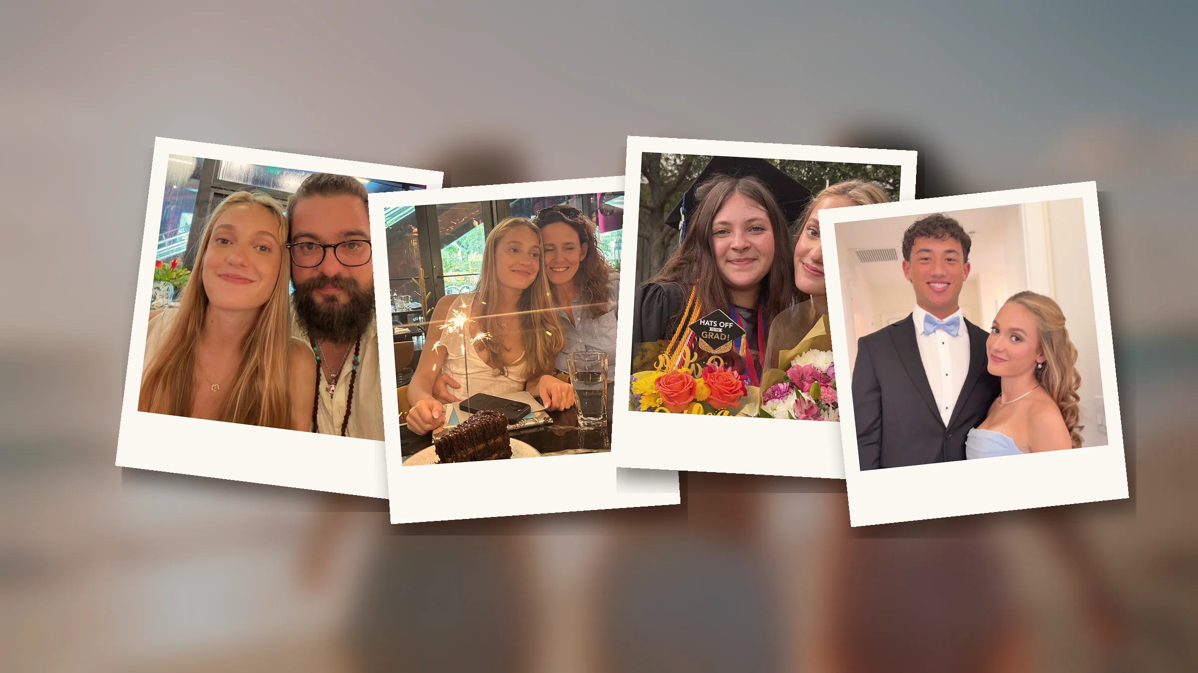 Polaroids of Chiara with her dad, her mom, a friend at graduation, and her prom date